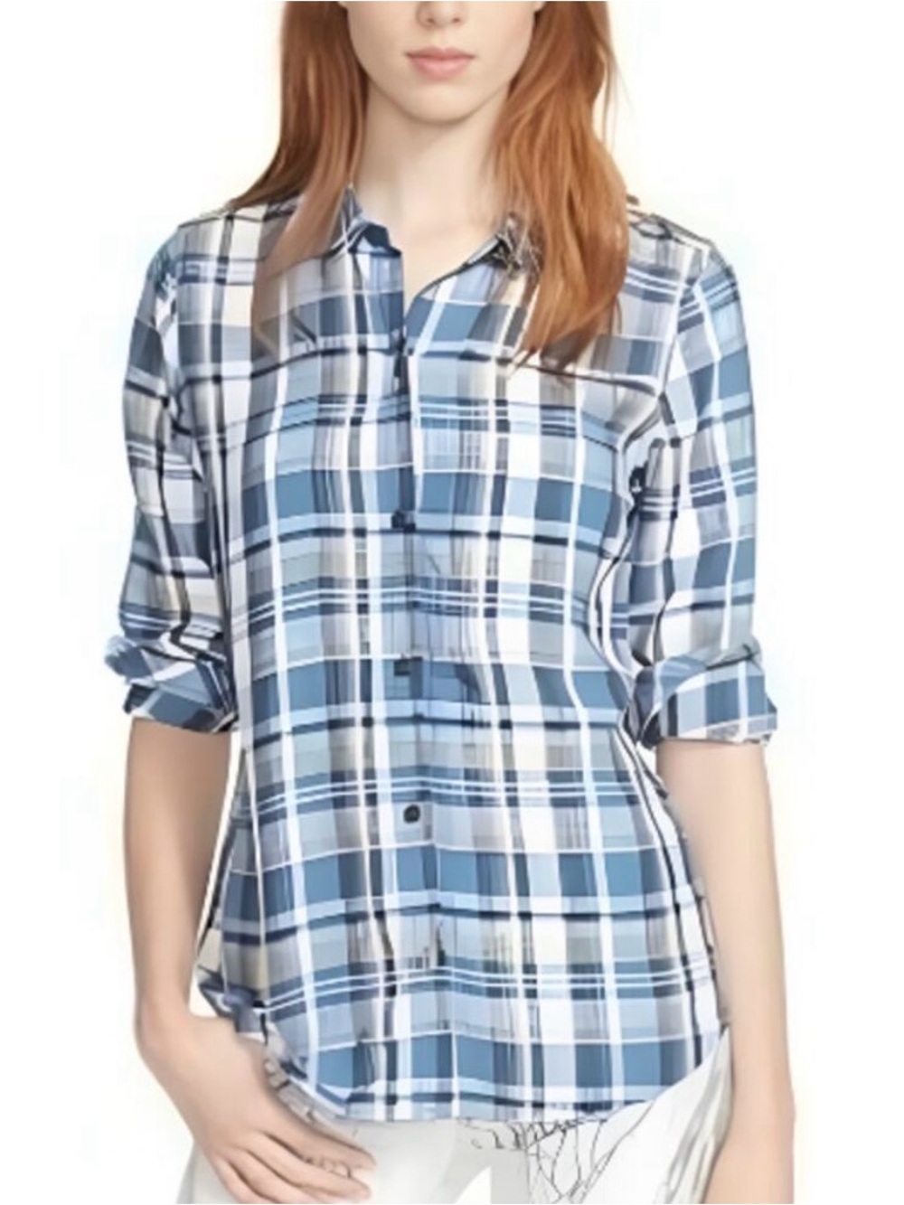 Current/Elliott 100% Linen Plaid Button Down Shirt Blue Green M